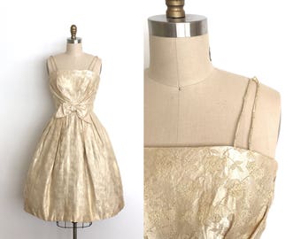 vintage 1950s dress | 50s rose brocade party dress