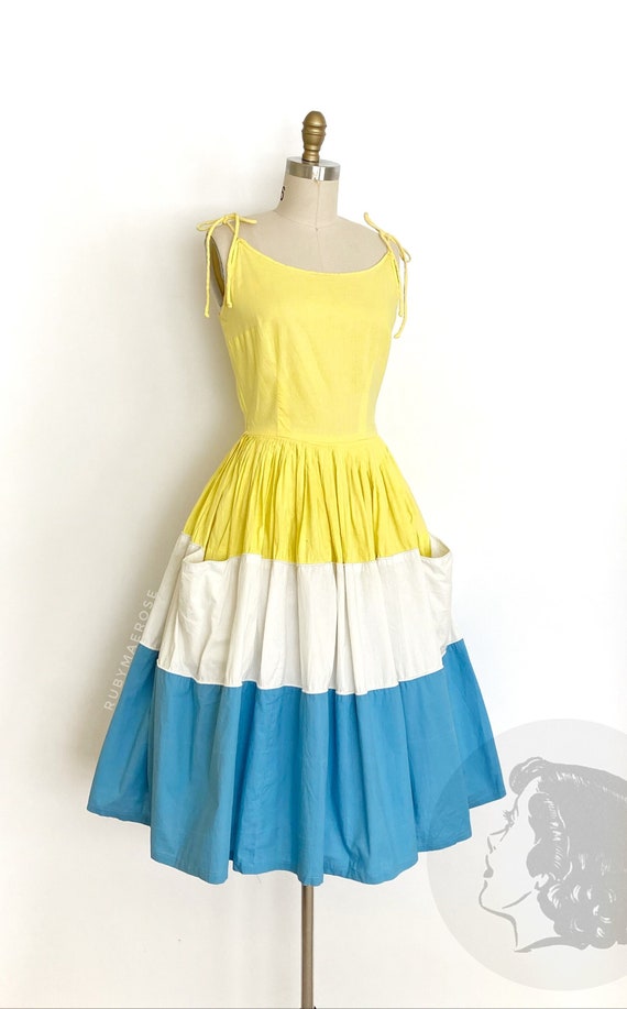 vintage 1950s dress • colour block tie straps cott