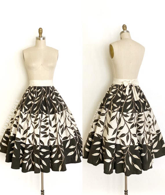 50s hand painted leaf Mexican cotton circle skirt… - image 9