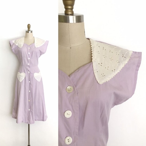 vintage 1940s dress | 40s lilac heart pocket butto