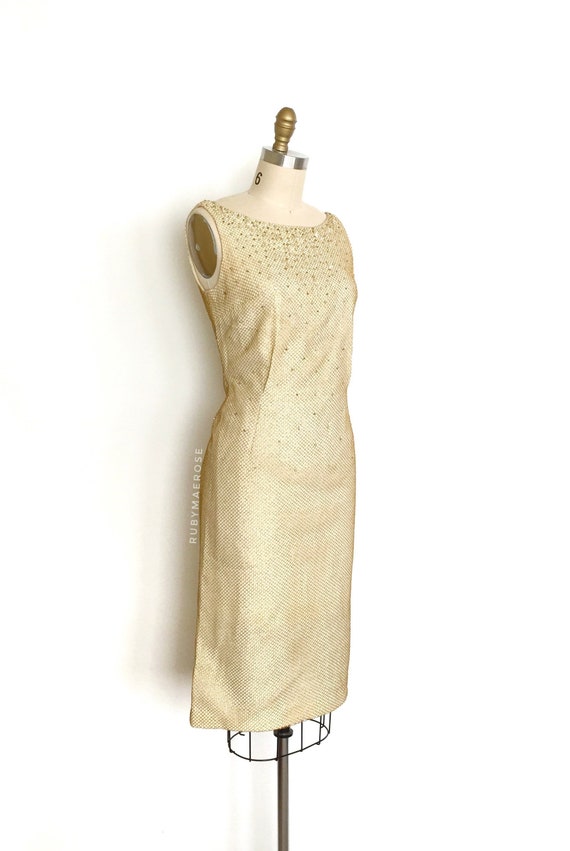 vintage 1960s dress • metallic fishnet net beaded… - image 1