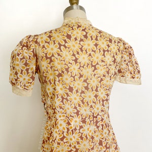 1930's Vintage Smocked Daffodil Print Voile Dress - White main image 1