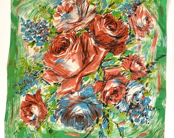 40s painterly rose print silk scarf • 1940s vintage scarf