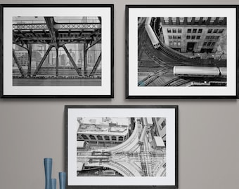 Chicago "L" Train Print, Black White Train Tracks Photograph, Train Photography, Chicago Photo Trio,