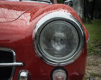 Retro Car Headlight Photography, Red automobile Photograph, Classic Auto Print