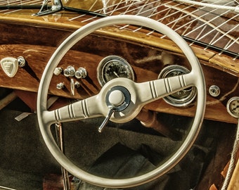 Wooden Lake Boat Wheel Photo for lakehouse Decor, Nautical Boat Picture Wall Art, Chris Craft Classic Photograph, Antique Boat Picture Cabin