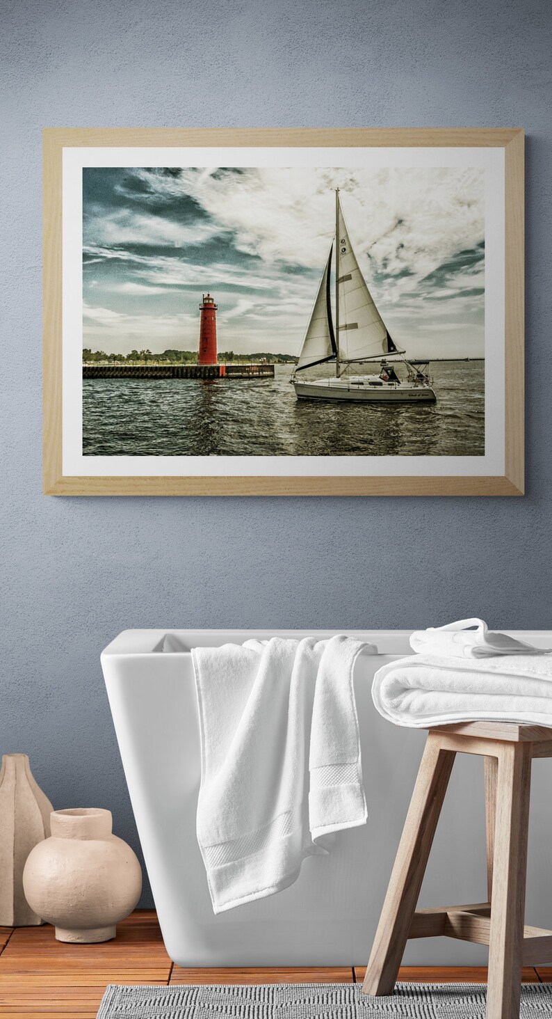 Muskegon Lighthouse Sailboat Art Print: Lake Michigan Nautical Photo image 5