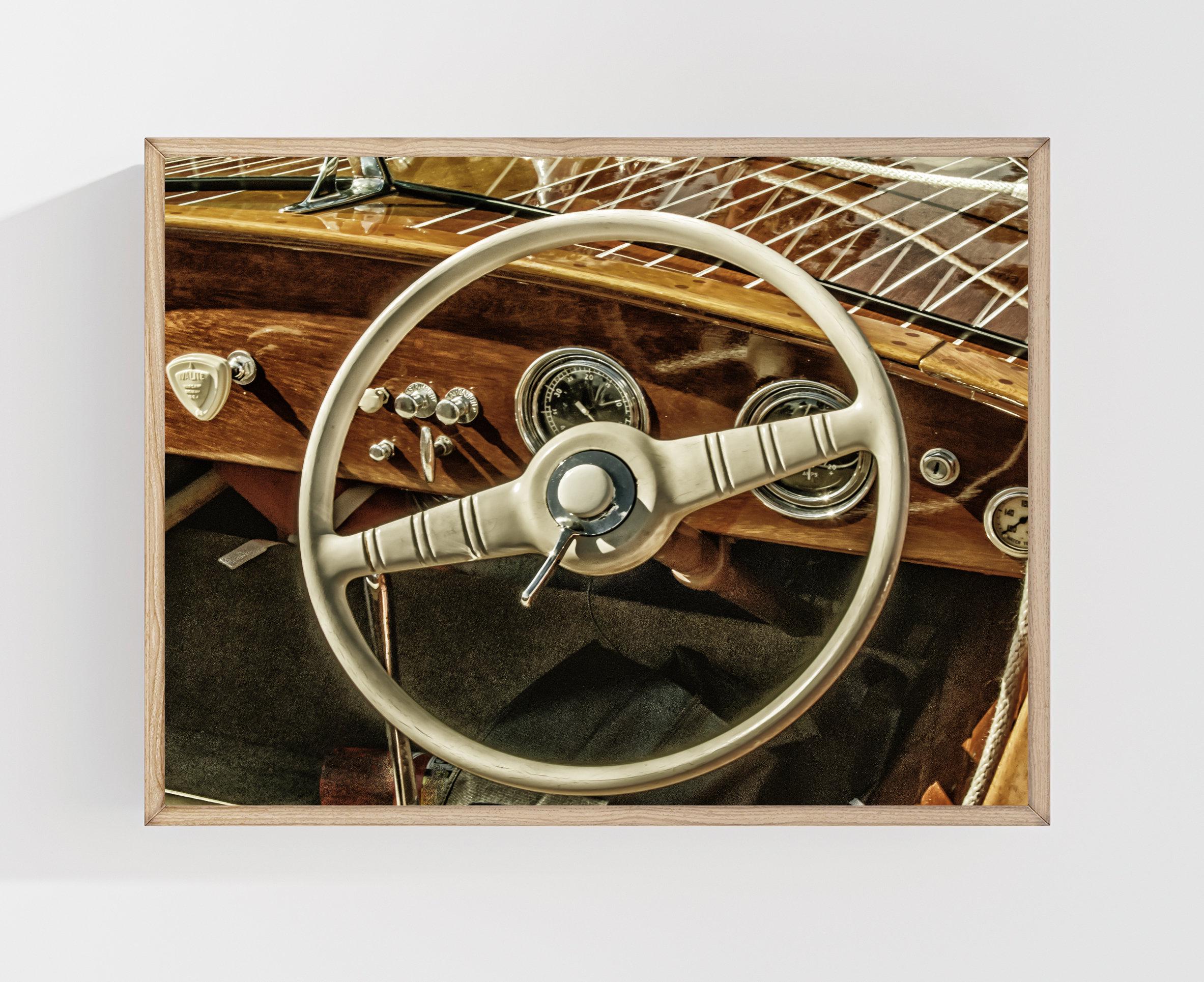 Classic Chris Craft Wooden Boat Wheel Photo: Lakehouse Nautical Wall Art