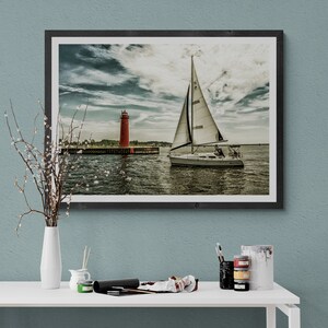 Muskegon Lighthouse Sailboat Art Print: Lake Michigan Nautical Photo image 3
