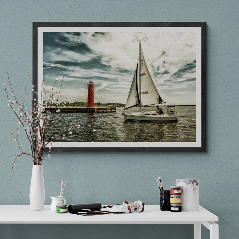 Muskegon Lighthouse Sailboat Art Print: Lake Michigan Nautical Photo image 3