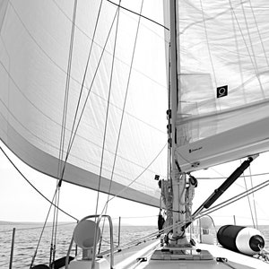 Sailboat Photograph in Black White, Nautical Picture Office Decor, Boat Photo, Sailing Lake Michigan