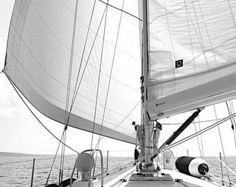 Sailboat Photograph in Black White, Nautical Picture Office Decor, Boat Photo, Sailing Lake Michigan