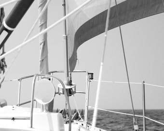 Nautical Sailboat Black and White Print, Maritime Photography, Nautical Picture Home Decor, Office Decor Boat Photo