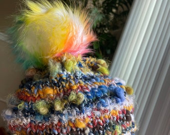 Handspun Art Yarn Hand Dyed Hand Spun Art Yarn Hand Knit Pom Pom Rainbow