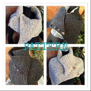 May include: Four different knitted cowl neck scarves in two color variations: gray and beige. The scarves are shown on mannequins and feature a button closure.