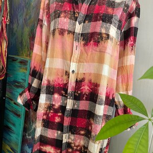 Bleach Painted Upcycled Flannel - L Tall - Long Sleeve - Fall Colors
