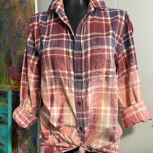 Bleach Painted Upcycled Flannel - Long Sleeve - Size M Slim Fit - Fall Colors
