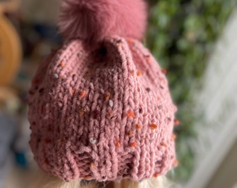 Art Yarn Pom Pom Hat Hand Knit Fleece Art Yarn  Pink Faux Pom-Pom Vegan