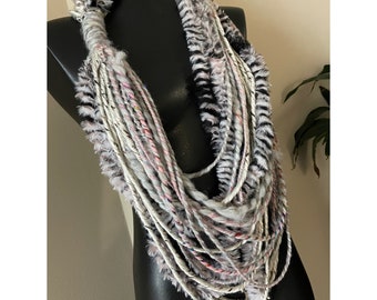 Handspun Zebra Art Yarn Fiber Necklace Art Yarn Scarf Statement Bulky Hand Spun Textile Cowl Circular Scarf