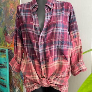 Bleach Painted Upcycled Flannel - Long Sleeve - Size L - Fall Colors