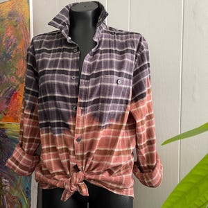 Bleach Painted Upcycled Flannel - Long Sleeve - Size L 16-16 1/2 - Fall Colors