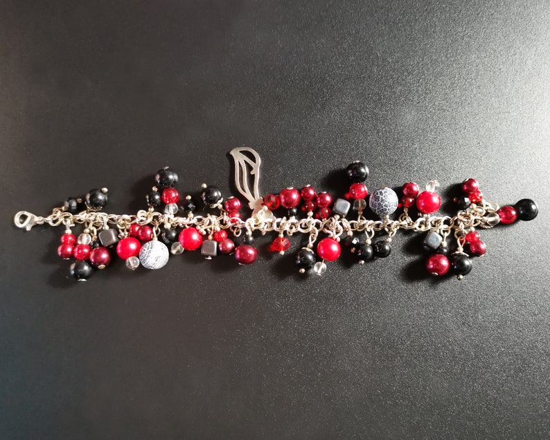 Skeleton Cat Semi Precious Stone /& Glass Bead Chunky Charm Bracelet Goth Gothy Witch Skull - Silver Plated Unique One of A Kind