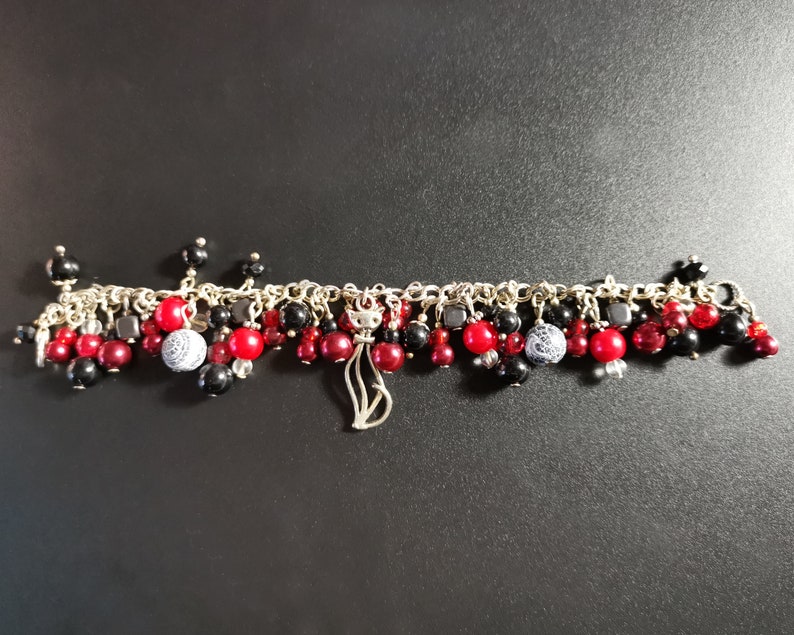 Skeleton Cat Semi Precious Stone /& Glass Bead Chunky Charm Bracelet Goth Gothy Witch Skull - Silver Plated Unique One of A Kind