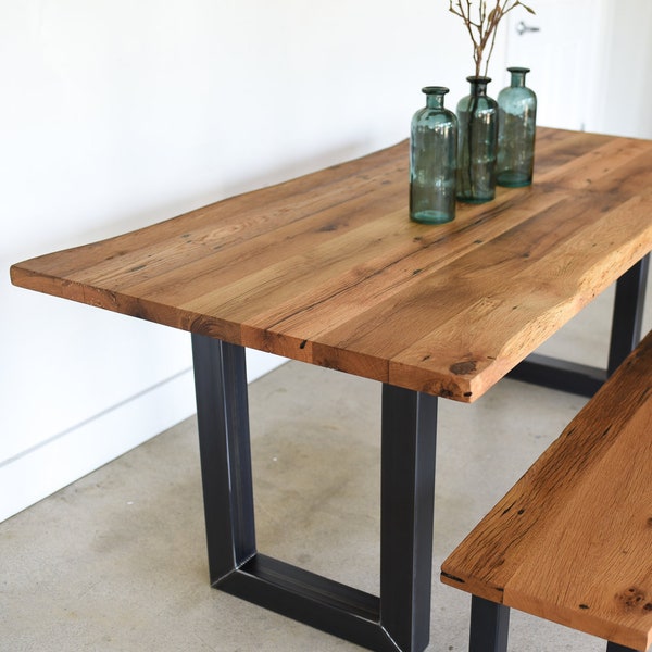Live Edge Dining Table / Reclaimed Wood Industrial Kitchen Table with 3" x 3" Rectangle Metal Legs