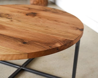 Modern Round Coffee Table / Reclaimed Wood + Metal Base Coffee Table / Industrial Coffee Table