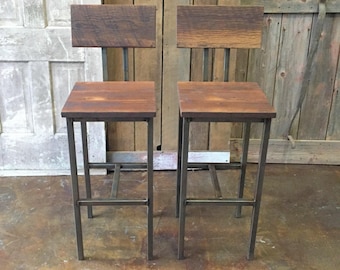 Reclaimed Wood Bar Stools, Industrial Stool, Reclaimed Barn Wood Stool With Hand Welded Steel Base and Eco-Friendly Finish - Set of 2