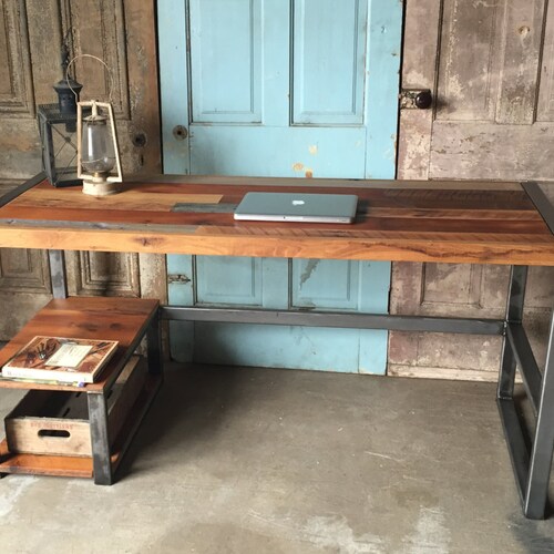 Reclaimed Wood Desk With Lower Shelf Metal Frame Base Etsy