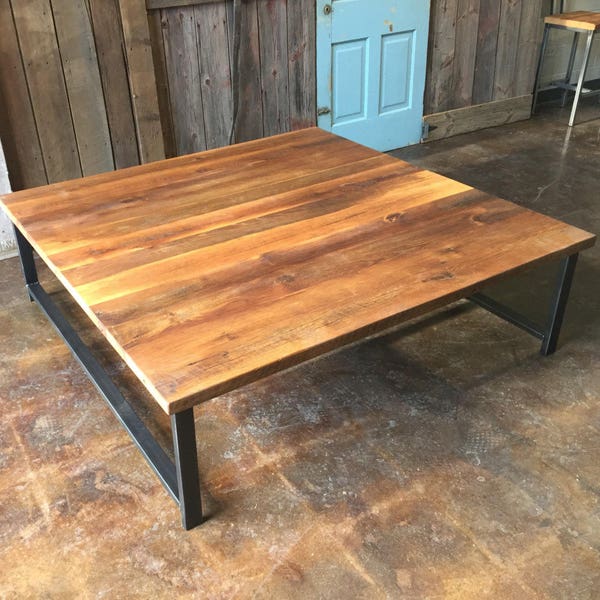 Large Square Reclaimed Wood Coffee Table / Industrial H-Shaped Metal Legs