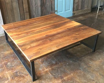 Large Square Reclaimed Wood Coffee Table / Industrial H-Shaped Metal Legs