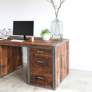 Large Industrial Desk made from Reclaimed Wood Steel / Built in Filing Printer Station image 2