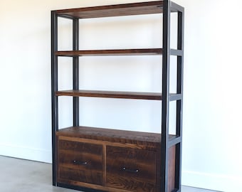 Industrial Bookcase With Drawers / Steel Frame + Reclaimed Wood Shelving Unit