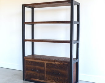 Industrial Bookcase With Drawers / Steel Frame + Reclaimed Wood Shelving Unit