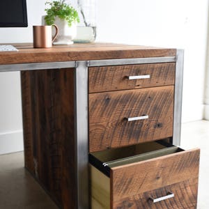 Large Industrial Desk made from Reclaimed Wood Steel / Built in Filing Printer Station image 3