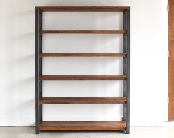 Open Industrial Bookcase with Reclaimed Wood Shelves