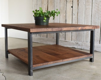 Square Coffee Table With Lower Shelf / Industrial Reclaimed Wood and Steel Coffee Table