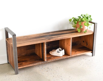 Entryway Storage Bench / Rustic Reclaimed Wood and Steel Leg Bench with Cubby Storage