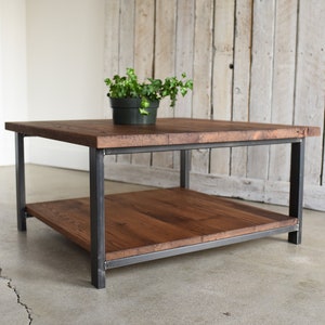 Square Coffee Table With Lower Shelf / Industrial Reclaimed Wood and Steel Coffee Table