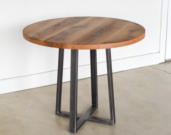 Round Industrial Dining Table / Reclaimed Wood + Steel Pub Table / Counter Height 36"