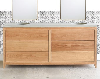 Bathroom Vanity with Double Sinks / Mid Century Modern Bathroom Console / Solid Wood Six Drawer Vanity