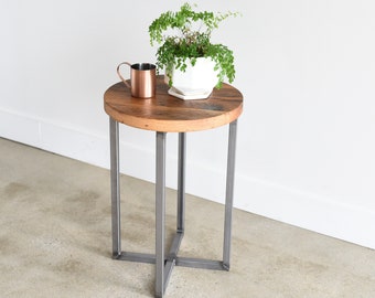 Round Side/End Table With Reclaimed Wood & Industrial Steel Base