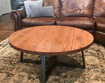 Round Coffee Table / Rustic Reclaimed Wood and Industrial Steel Pedestal Table