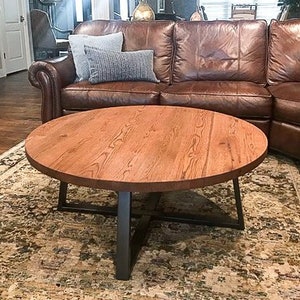 Round Coffee Table / Rustic Reclaimed Wood and Industrial Steel Pedestal Table image 1