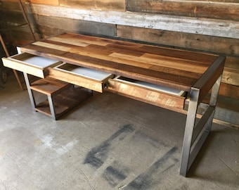 Reclaimed Wood Desk with 3 Drawers and Shelving