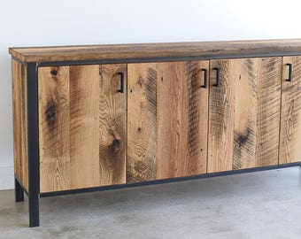 Modern Buffet Cabinet / Reclaimed Wood + Steel Bar Storage Credenza