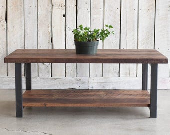 Coffee Table With Lower Shelf / Industrial Reclaimed Wood Coffee Table