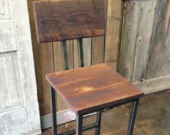 Reclaimed Wood Bar Stool, Industrial Stool, Reclaimed Barn Wood Stool With Hand Welded Steel Base and Eco-Friendly Finish